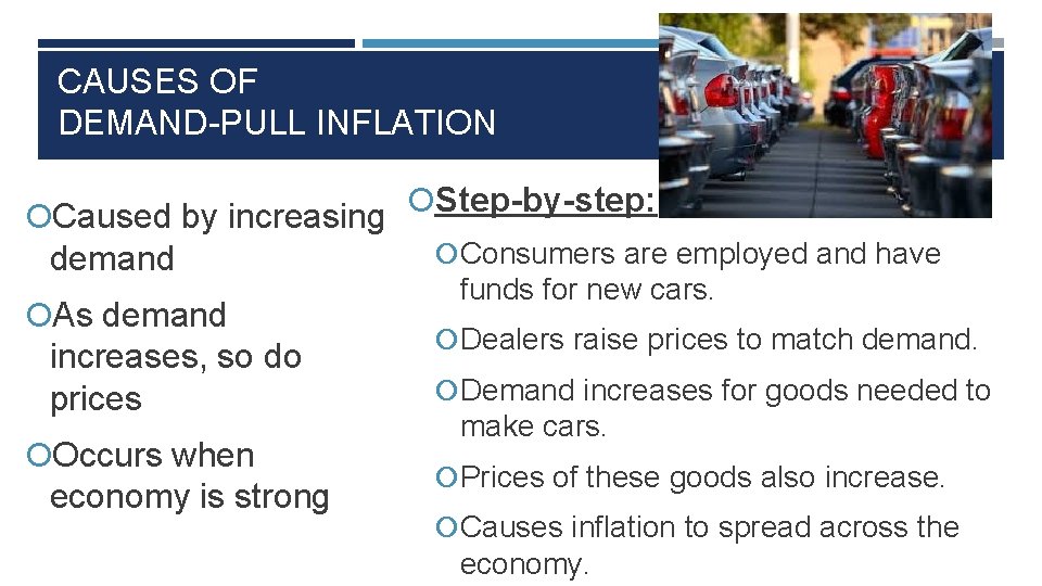 CAUSES OF DEMAND-PULL INFLATION Step-by-step: Caused by increasing demand As demand increases, so do