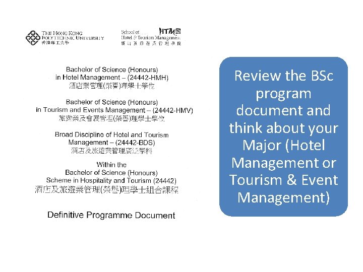 Review the BSc program document and think about your Major (Hotel Management or Tourism