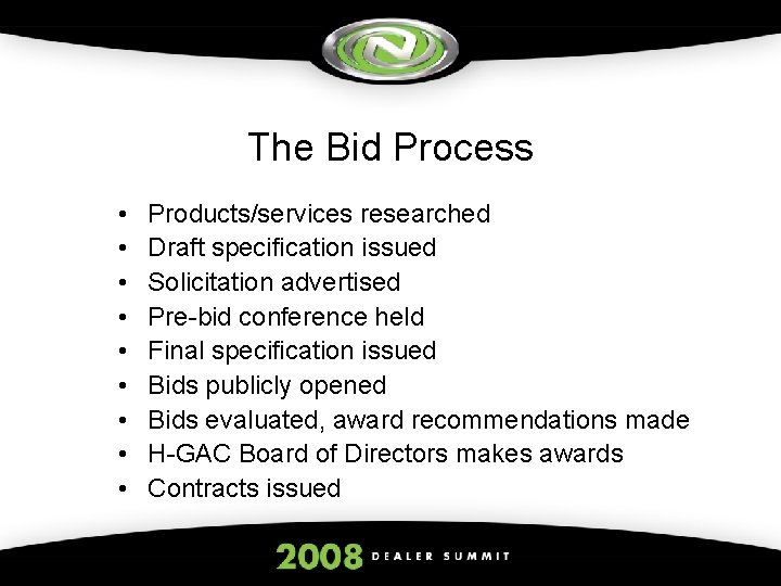 The Bid Process • • • Products/services researched Draft specification issued Solicitation advertised Pre-bid
