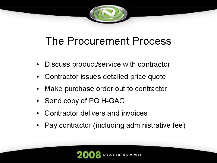 The Procurement Process • Discuss product/service with contractor • Contractor issues detailed price quote