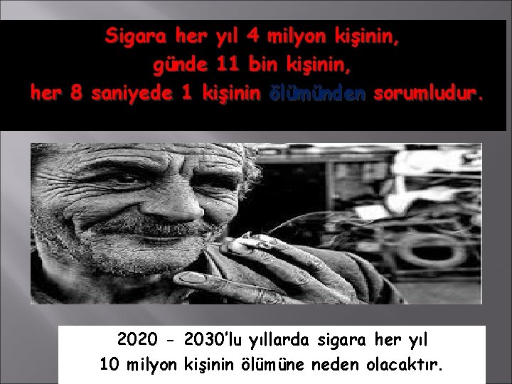 Sigara her yıl 4 milyon kişinin, günde 11 bin kişinin, her 8 saniyede 1 Sigara her yıl 4 milyon kişinin, günde 11 bin kişinin, her 8 saniyede 1