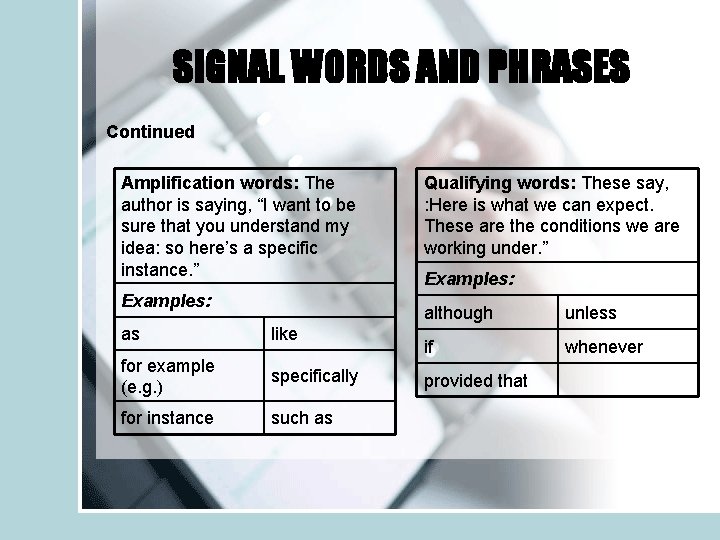 SIGNAL WORDS AND PHRASES Continued Amplification words: The author is saying, “I want to