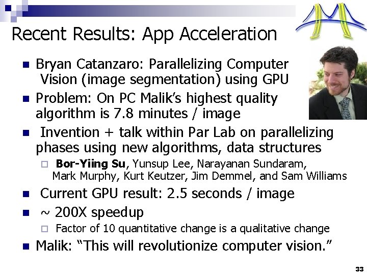 Recent Results: App Acceleration n Bryan Catanzaro: Parallelizing Computer Vision (image segmentation) using GPU