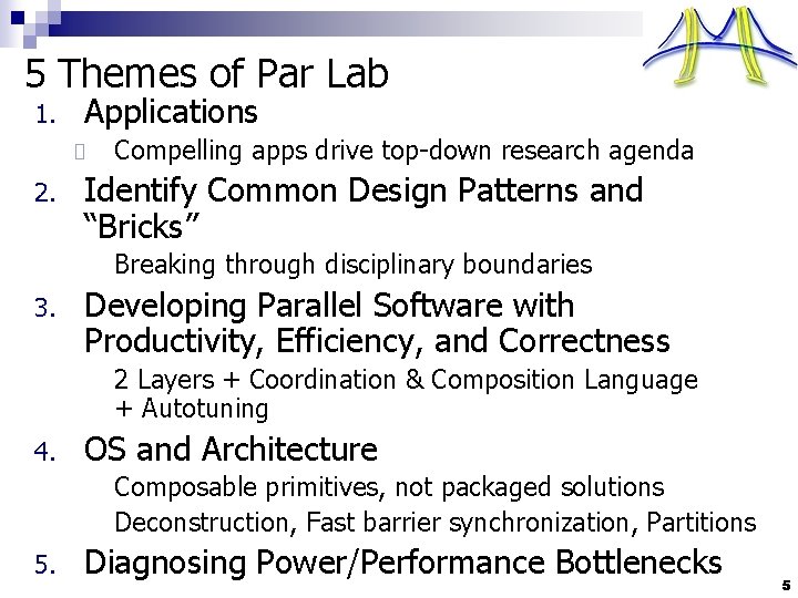 5 Themes of Par Lab 1. Applications 2. Compelling apps drive top-down research agenda