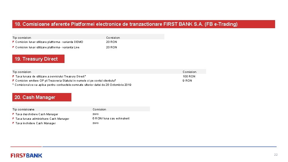 18. Comisioane aferente Platformei electronice de tranzactionare FIRST BANK S. A. (FB e-Trading) Tip