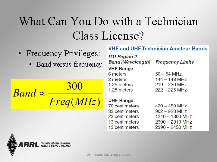 What Can You Do with a Technician Class License? • Frequency Privileges: • Band What Can You Do with a Technician Class License? • Frequency Privileges: • Band