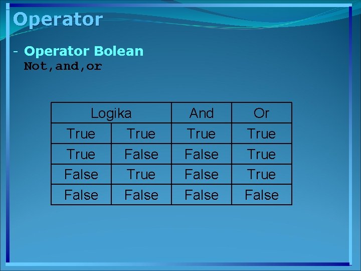 Operator - Operator Bolean Not, and, or Logika True False And True False Or