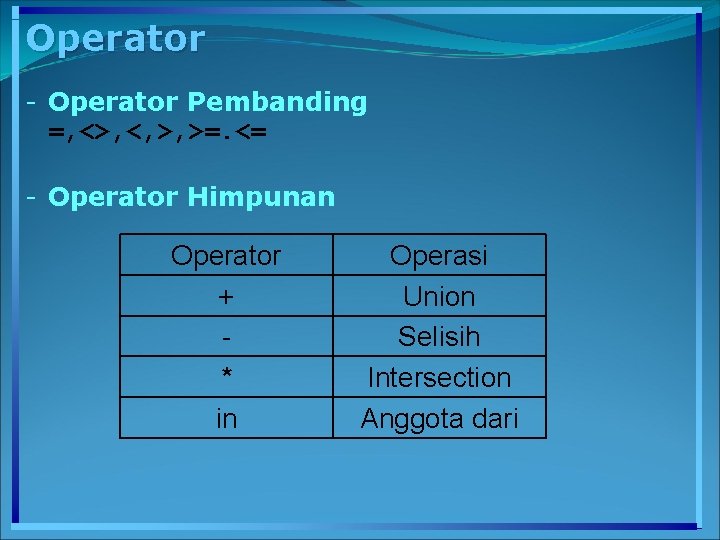 Operator - Operator Pembanding =, <>, <, >, >=. <= - Operator Himpunan Operator