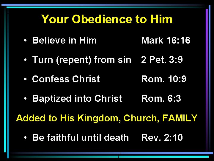 Your Obedience to Him • Believe in Him Mark 16: 16 • Turn (repent)