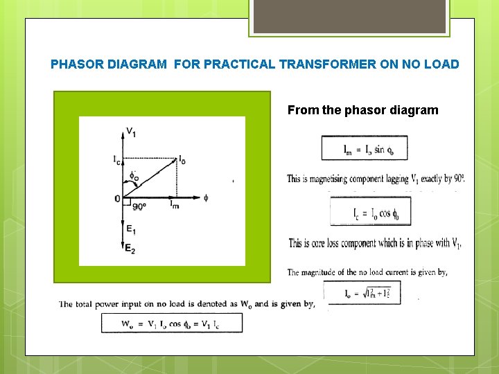 PHASOR DIAGRAM FOR PRACTICAL TRANSFORMER ON NO LOAD From the phasor diagram 