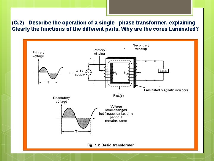 (Q. 2) Describe the operation of a single –phase transformer, explaining Clearly the functions