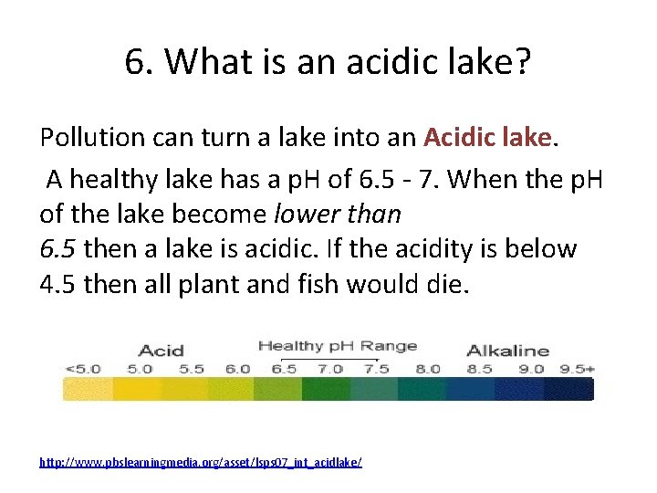 6. What is an acidic lake? Pollution can turn a lake into an Acidic