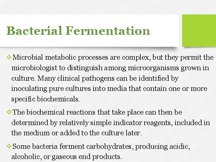 Bacterial Fermentation v. Microbial metabolic processes are complex, but they permit the microbiologist to