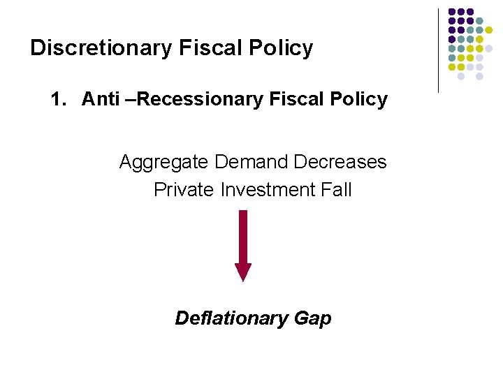 Discretionary Fiscal Policy 1. Anti –Recessionary Fiscal Policy Aggregate Demand Decreases Private Investment Fall Discretionary Fiscal Policy 1. Anti –Recessionary Fiscal Policy Aggregate Demand Decreases Private Investment Fall