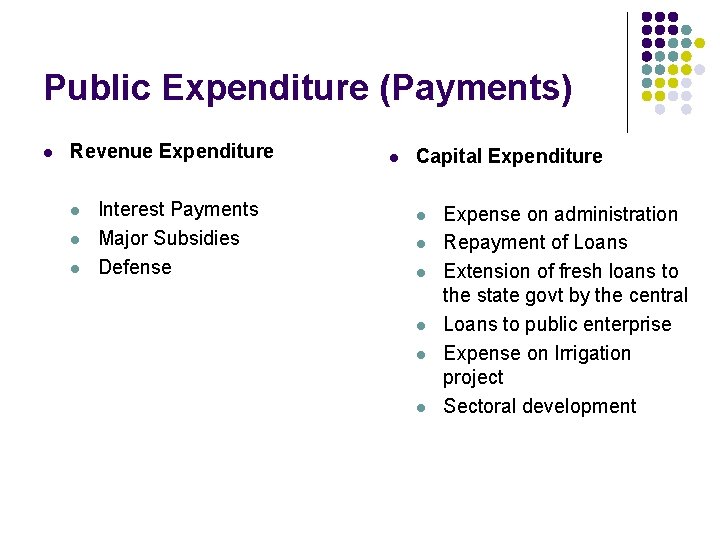 Public Expenditure (Payments) l Revenue Expenditure l l l Interest Payments Major Subsidies Defense Public Expenditure (Payments) l Revenue Expenditure l l l Interest Payments Major Subsidies Defense