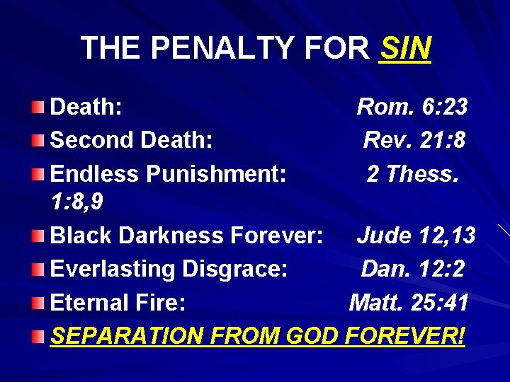 THE PENALTY FOR SIN Death: Rom. 6: 23 Second Death: Rev. 21: 8 Endless