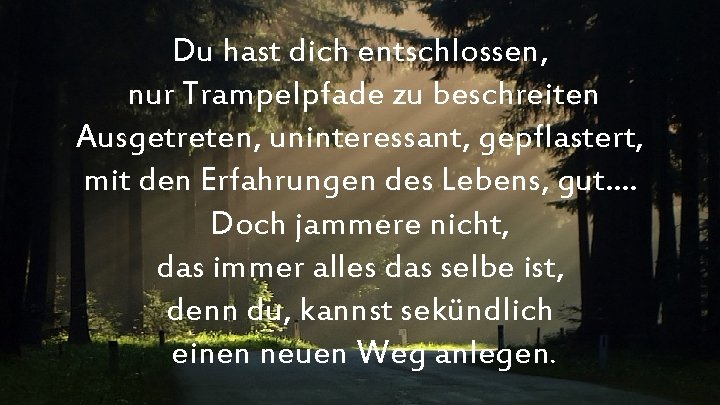 Du hast dich entschlossen, nur Trampelpfade zu beschreiten Ausgetreten, uninteressant, gepflastert, mit den Erfahrungen