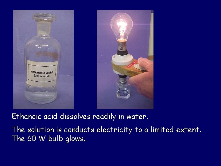 Ethanoic acid dissolves readily in water. The solution is conducts electricity to a limited