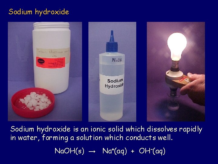 Sodium hydroxide is an ionic solid which dissolves rapidly in water, forming a solution