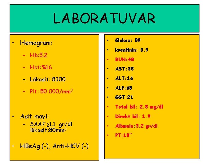 LABORATUVAR • Glukoz: 89 • kreatinin: 0. 9 • BUN: 48 – Hct: %16