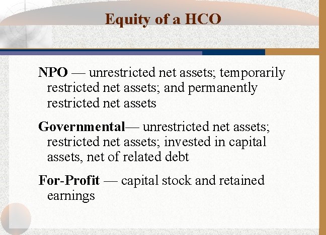 Equity of a HCO NPO — unrestricted net assets; temporarily restricted net assets; and