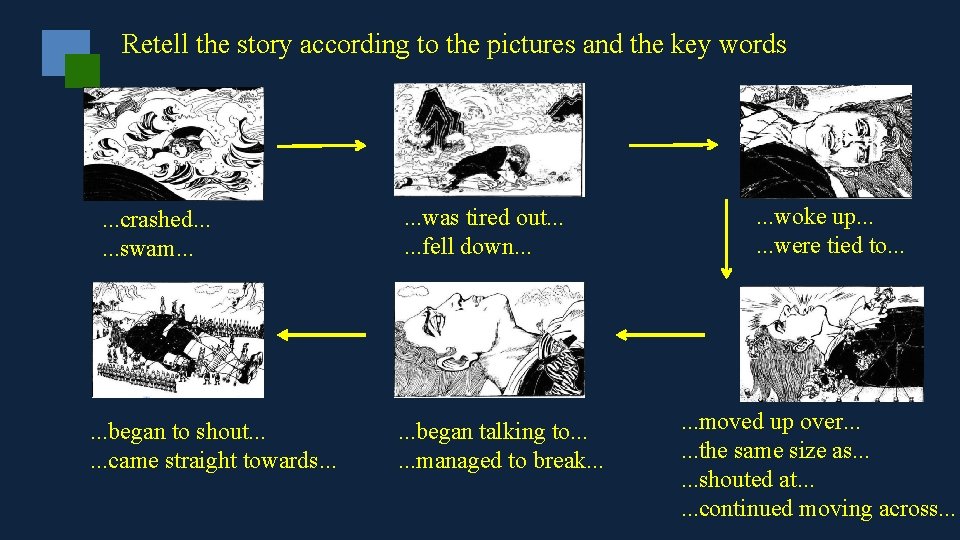 Retell the story according to the pictures and the key words . . .