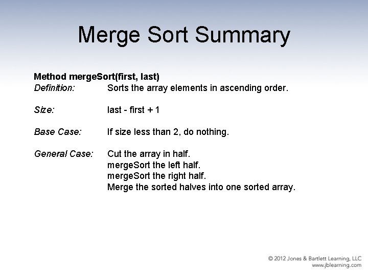 Merge Sort Summary Method merge. Sort(first, last) Definition: Sorts the array elements in ascending