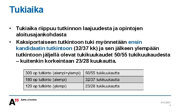 Tukiaika • Tukiaika riippuu tutkinnon laajuudesta ja opintojen aloitusajankohdasta • Kaksiportaiseen tutkintoon tuki myönnetään