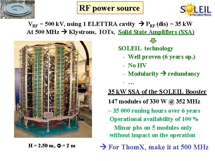 RF power source VRF = 500 k. V, using 1 ELETTRA cavity PRF (dis)