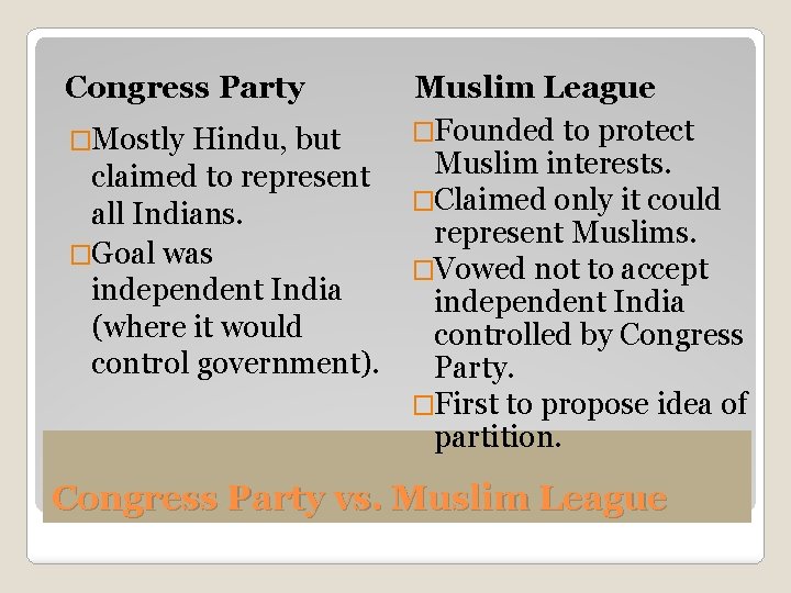 Congress Party �Mostly Hindu, but claimed to represent all Indians. �Goal was independent India