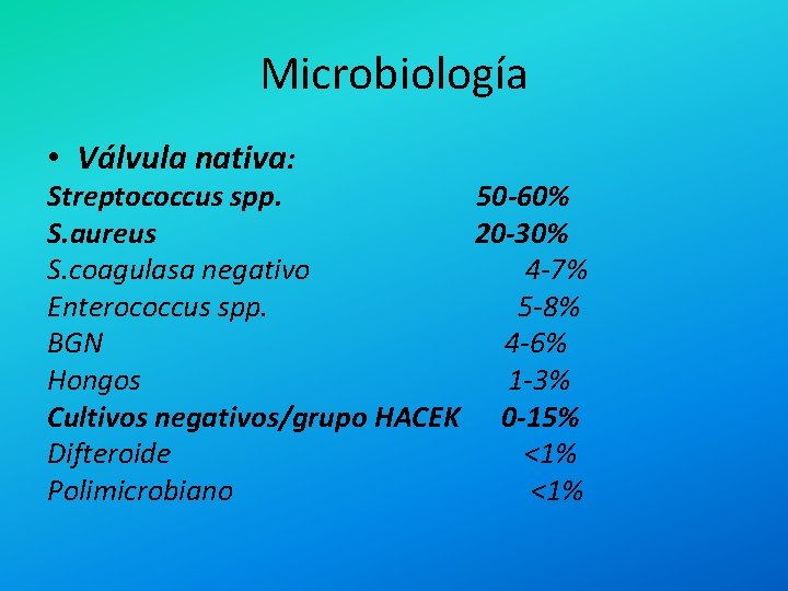 Microbiología • Válvula nativa: Streptococcus spp. 50 -60% S. aureus 20 -30% S. coagulasa