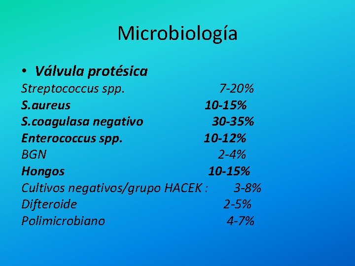 Microbiología • Válvula protésica Streptococcus spp. 7 -20% S. aureus 10 -15% S. coagulasa