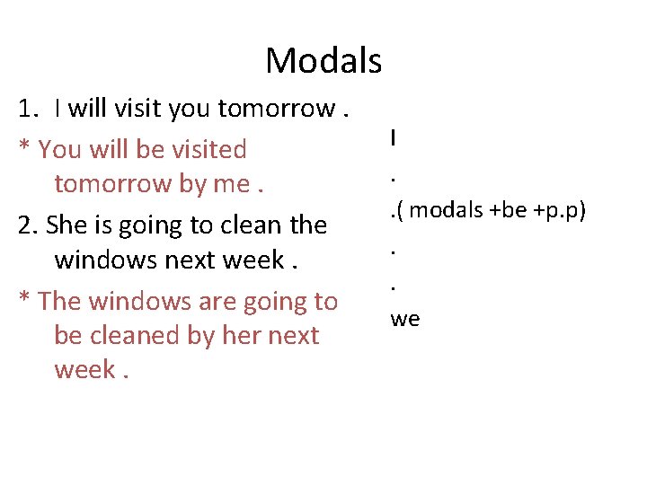 Modals 1. I will visit you tomorrow. * You will be visited tomorrow by