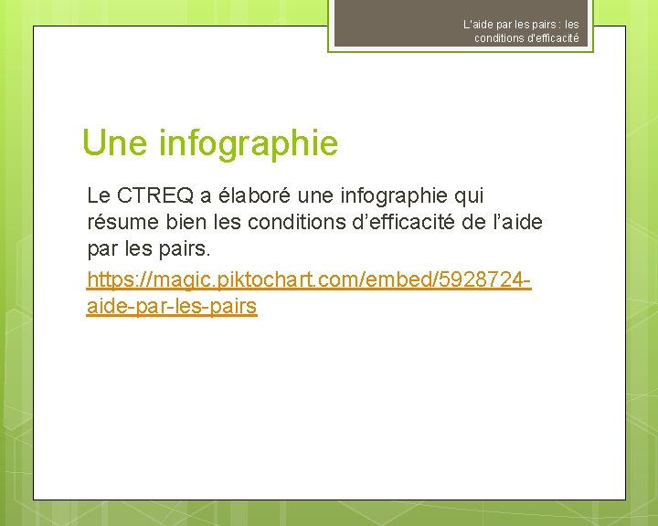 L’aide par les pairs : les conditions d’efficacité Une infographie Le CTREQ a élaboré