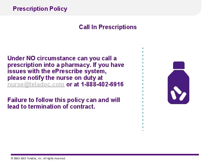 Prescription Policy Call In Prescriptions Under NO circumstance can you call a prescription into