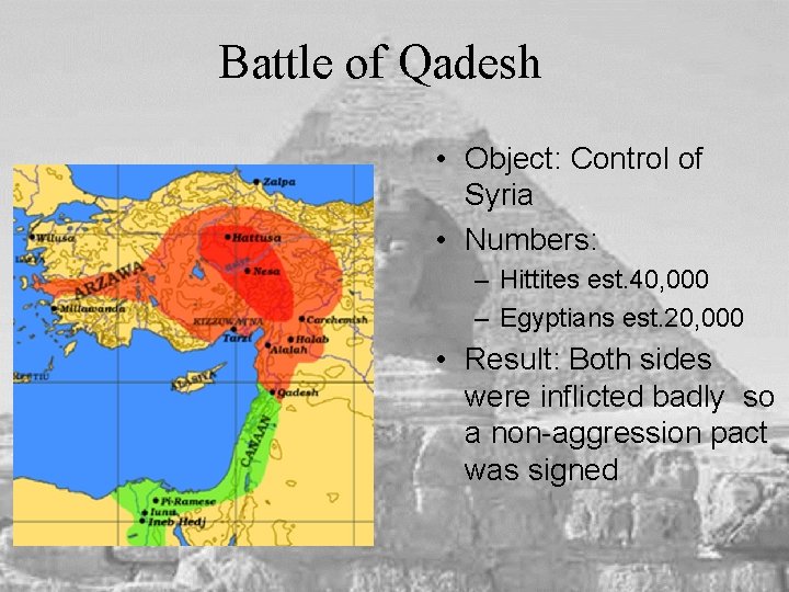 Battle of Qadesh • Object: Control of Syria • Numbers: – Hittites est. 40,