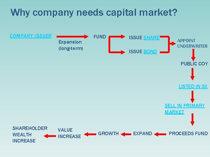 Why company needs capital market? COMPANY/ISSUER Expansion (long-term) FUND ISSUE SHARE ISSUE BOND APPOINT