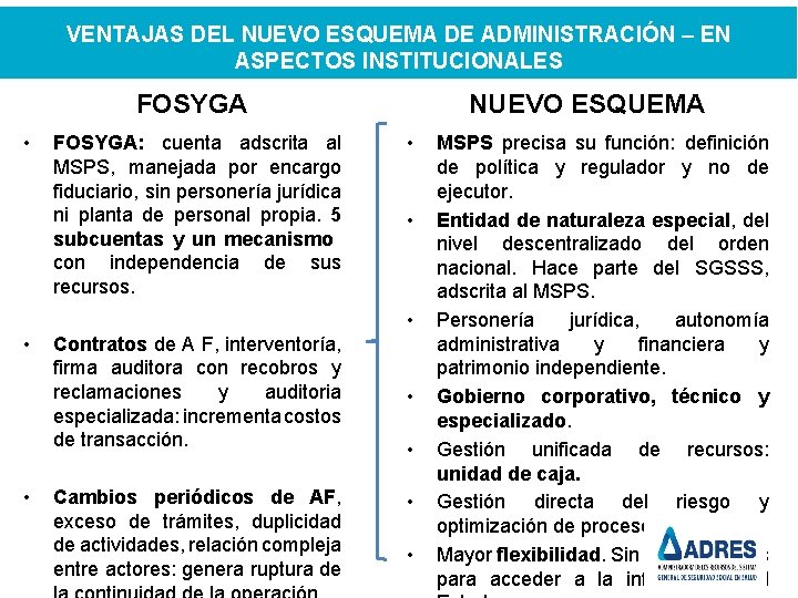VENTAJAS DEL NUEVO ESQUEMA DE ADMINISTRACIÓN – EN ASPECTOS INSTITUCIONALES FOSYGA • FOSYGA: cuenta