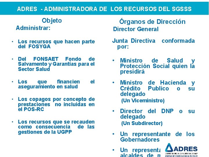 ADRES - ADMINISTRADORA DE LOS RECURSOS DEL SGSSS Objeto Órganos de Dirección Administrar: Director