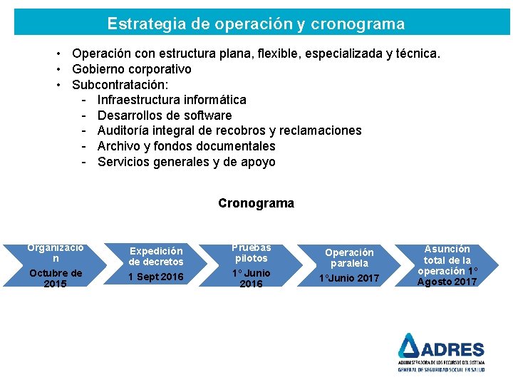 Estrategia de operación y cronograma • Operación con estructura plana, flexible, especializada y técnica.