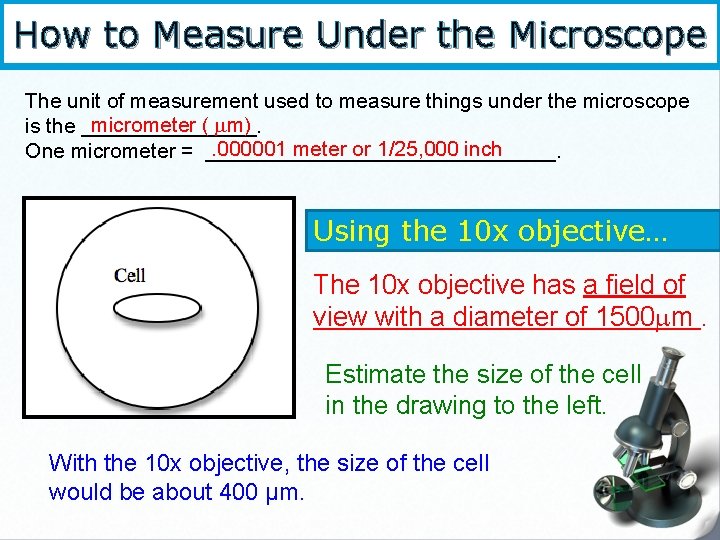 How to Measure Under the Microscope The unit of measurement used to measure things