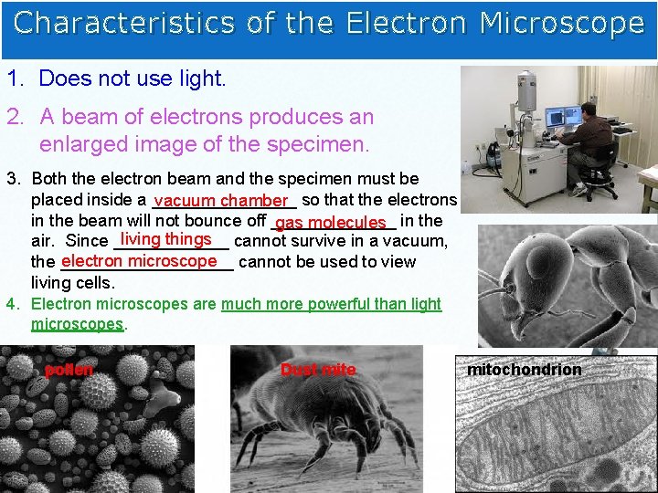 Characteristics of the Electron Microscope 1. Does not use light. 2. A beam of