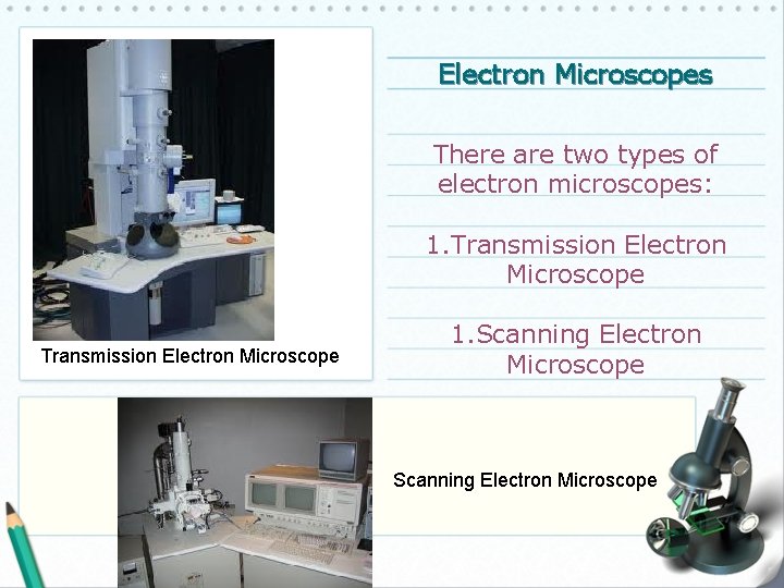 Electron Microscopes There are two types of electron microscopes: 1. Transmission Electron Microscope 1.