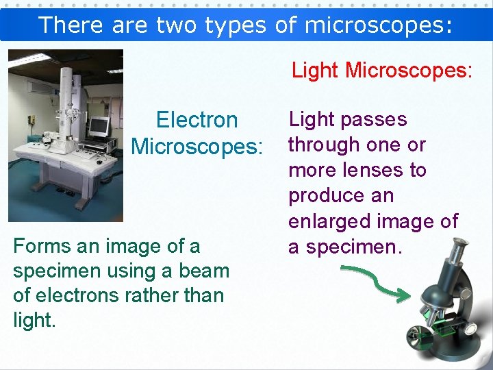 There are two types of microscopes: Light Microscopes: Electron Microscopes: Forms an image of