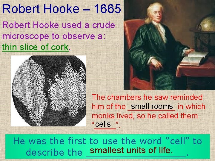 Robert Hooke – 1665 Robert Hooke used a crude microscope to observe a: thin