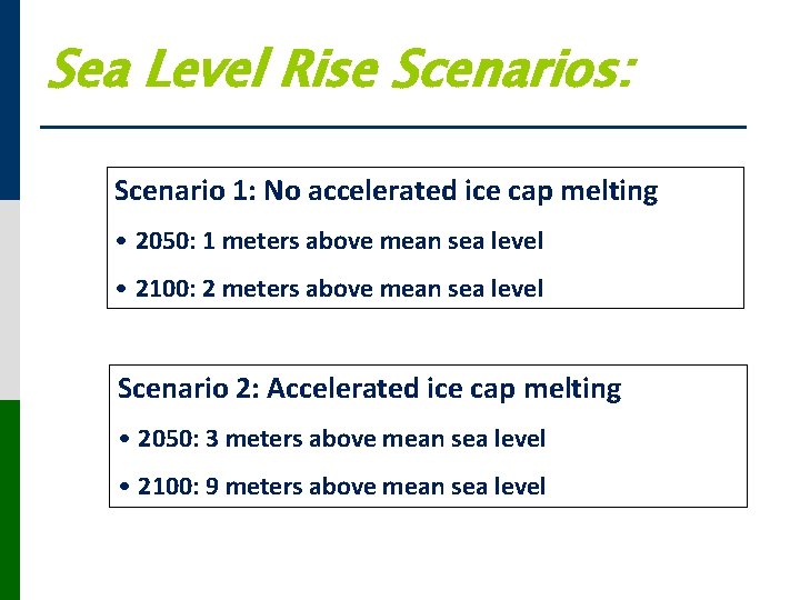 Sea Level Rise Scenarios: Scenario 1: No accelerated ice cap melting • 2050: 1