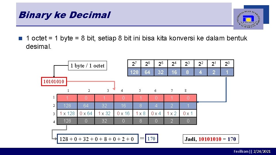 Binary ke Decimal n 1 octet = 1 byte = 8 bit, setiap 8 Binary ke Decimal n 1 octet = 1 byte = 8 bit, setiap 8