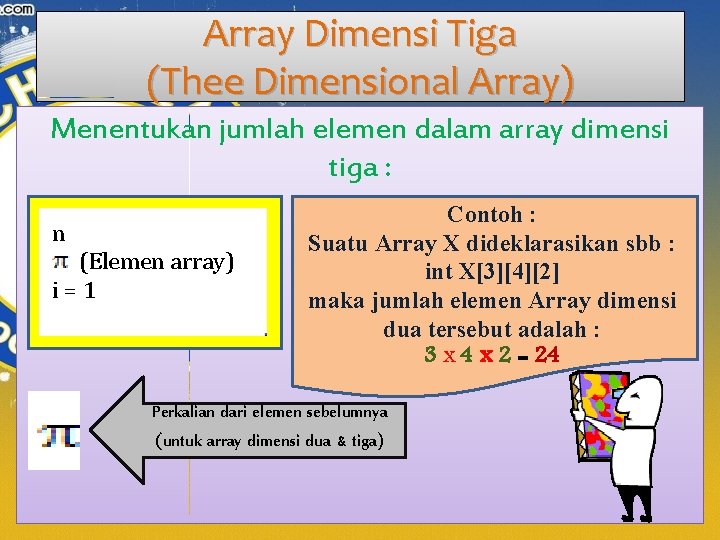 Array Dimensi Tiga (Thee Dimensional Array) Menentukan jumlah elemen dalam array dimensi tiga :