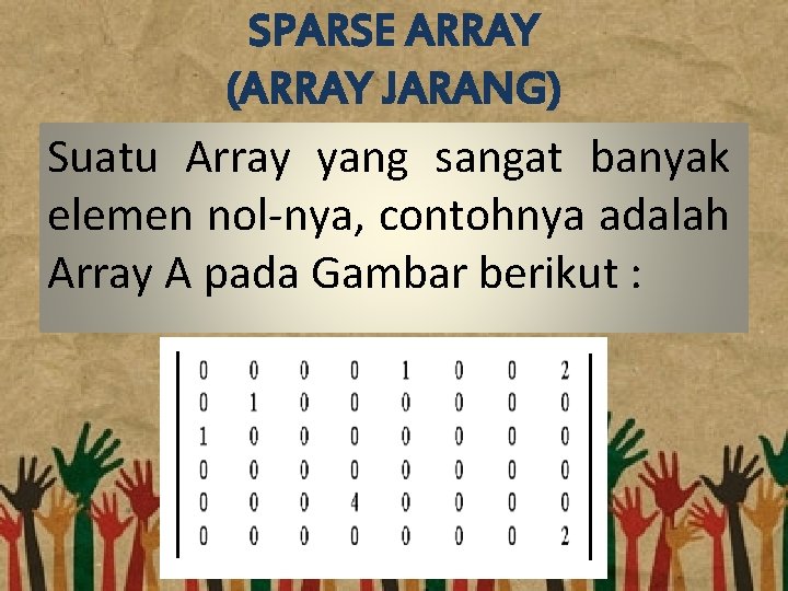 SPARSE ARRAY (ARRAY JARANG) Suatu Array yang sangat banyak elemen nol-nya, contohnya adalah Array