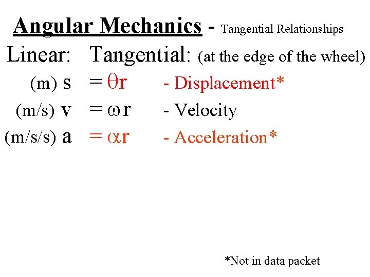 Angular Mechanics - Tangential Relationships Linear: Tangential: (at the edge of the wheel) (m)